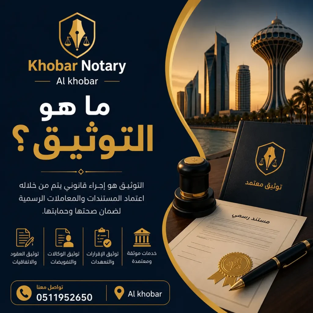 ما هو التوثيق؟ صورة توضيحية من Khobar Notary تشرح خدمات التوثيق والعقود والوكالات في الخبر
