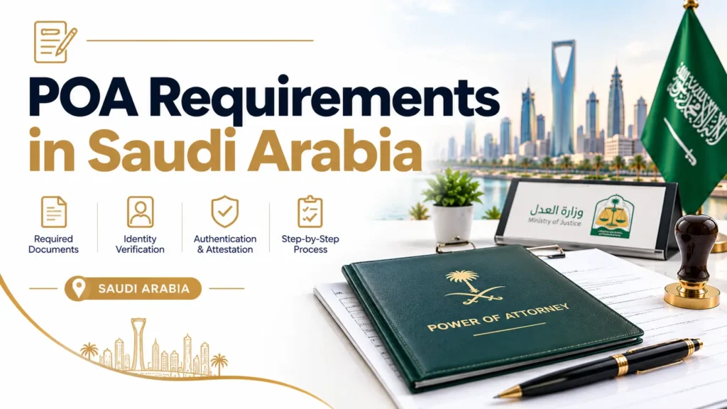 Person reviewing Power of Attorney requirements in Saudi Arabia on a laptop with official documents